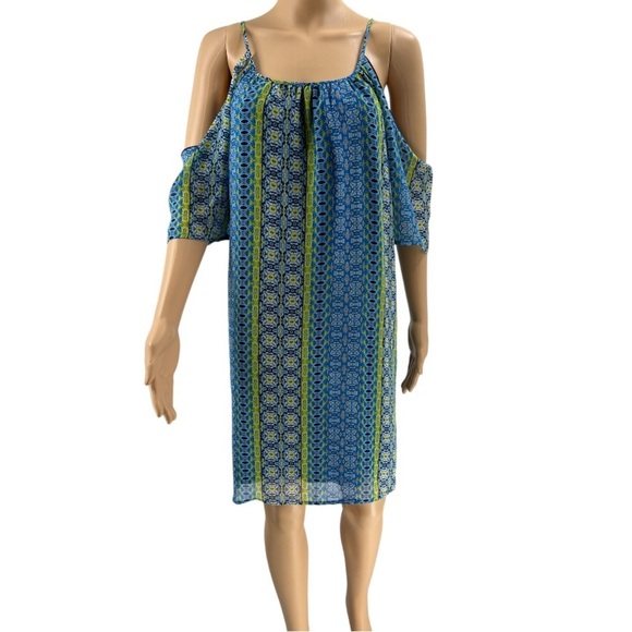 Charming Charlie Shift Cold Shoulder Dress - Yellow/Blue/White Size M - Picture 1 of 7